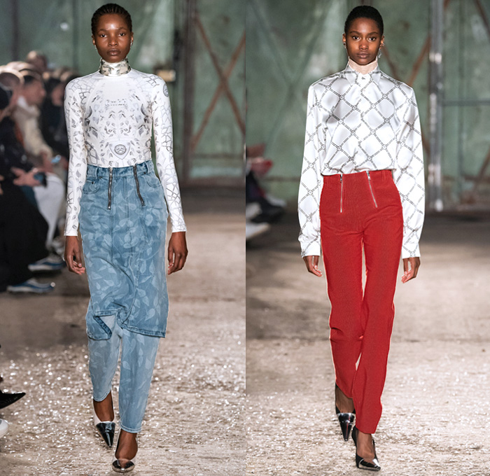 GmbH 2019-2020 Fall Autumn Winter Womens Runway Show Looks - Mode à Paris Fashion Week Mode Masculine France - Rare Earth Botanical Vines Leaves Foliage Print Turtleneck Sweater Denim Jeans Paint Smudges Cargo Pockets Quilted Puffer Trench Coat Parka Holster Shoulder Blazer Bomber Jacket Motorcycle Biker Panels Double Zipper Corduroy Pants Maxi Dress Silk Satin Blouse Skirt Tin Can Box Pointed Shoes