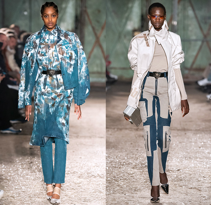 GmbH 2019-2020 Fall Autumn Winter Womens Runway Show Looks - Mode à Paris Fashion Week Mode Masculine France - Rare Earth Botanical Vines Leaves Foliage Print Turtleneck Sweater Denim Jeans Paint Smudges Cargo Pockets Quilted Puffer Trench Coat Parka Holster Shoulder Blazer Bomber Jacket Motorcycle Biker Panels Double Zipper Corduroy Pants Maxi Dress Silk Satin Blouse Skirt Tin Can Box Pointed Shoes