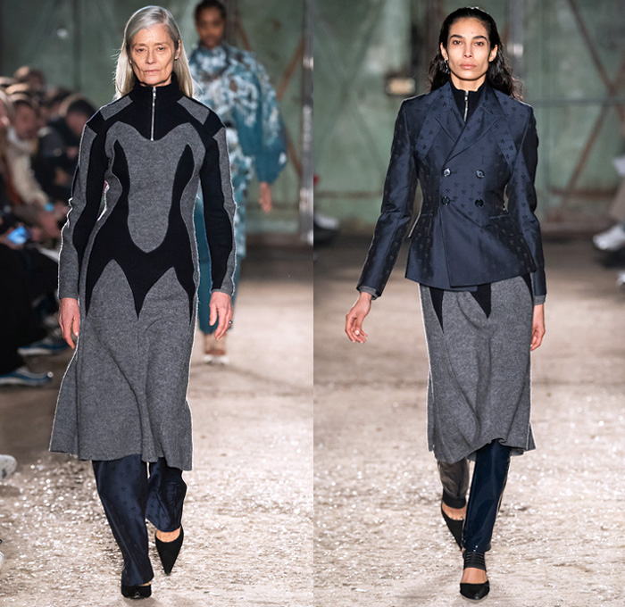 GmbH 2019-2020 Fall Autumn Winter Womens Runway Show Looks - Mode à Paris Fashion Week Mode Masculine France - Rare Earth Botanical Vines Leaves Foliage Print Turtleneck Sweater Denim Jeans Paint Smudges Cargo Pockets Quilted Puffer Trench Coat Parka Holster Shoulder Blazer Bomber Jacket Motorcycle Biker Panels Double Zipper Corduroy Pants Maxi Dress Silk Satin Blouse Skirt Tin Can Box Pointed Shoes