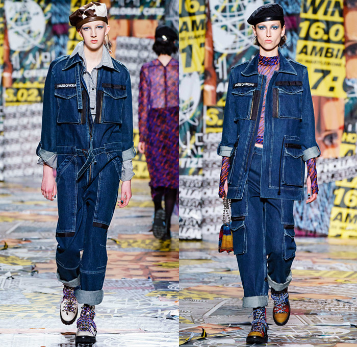 House of Holland 2019-2020 Fall Autumn Winter Womens Runway Catwalk Looks - London Fashion Week Collections UK - Chinese Frog Closure Knots Buttons Mandarin Collar Cheongsam Qípáo Mexican Cambodian Ethnic Stripes Fabrics Kimono Wrap Denim Jeans Onesie Coveralls Jumpsuit Cargo Pockets Apron Beret Tie-Dye Trench Coat Turtleneck Sweater Cardigandress Quilted Vest Plaid Check One Shoulder Dress Stockings Tights Snakeskin Spikes Purse Bag Boots Fanny Pack Bum Bag Pouch