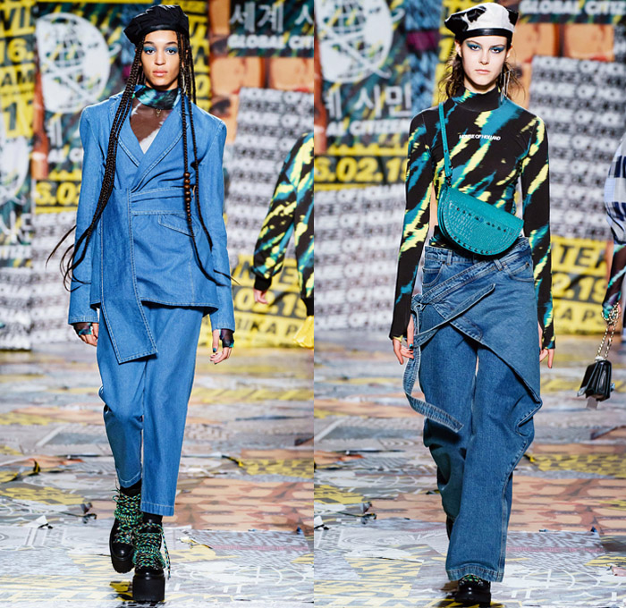 House of Holland 2019-2020 Fall Autumn Winter Womens Runway Catwalk Looks - London Fashion Week Collections UK - Chinese Frog Closure Knots Buttons Mandarin Collar Cheongsam Qípáo Mexican Cambodian Ethnic Stripes Fabrics Kimono Wrap Denim Jeans Onesie Coveralls Jumpsuit Cargo Pockets Apron Beret Tie-Dye Trench Coat Turtleneck Sweater Cardigandress Quilted Vest Plaid Check One Shoulder Dress Stockings Tights Snakeskin Spikes Purse Bag Boots Fanny Pack Bum Bag Pouch