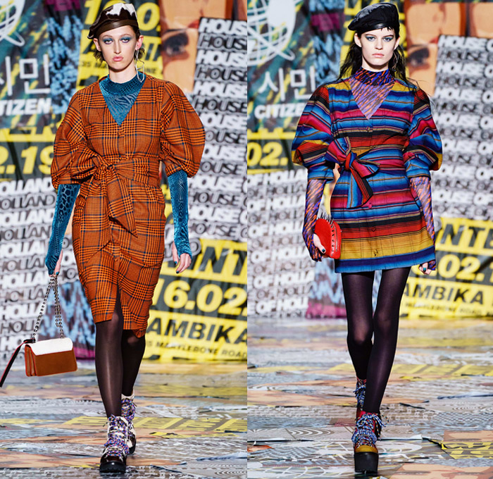 House of Holland 2019-2020 Fall Autumn Winter Womens Runway Catwalk Looks - London Fashion Week Collections UK - Chinese Frog Closure Knots Buttons Mandarin Collar Cheongsam Qípáo Mexican Cambodian Ethnic Stripes Fabrics Kimono Wrap Denim Jeans Onesie Coveralls Jumpsuit Cargo Pockets Apron Beret Tie-Dye Trench Coat Turtleneck Sweater Cardigandress Quilted Vest Plaid Check One Shoulder Dress Stockings Tights Snakeskin Spikes Purse Bag Boots Fanny Pack Bum Bag Pouch