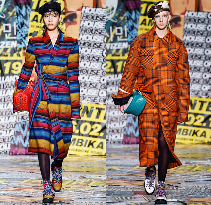 House of Holland 2019-2020 Fall Autumn Winter Womens Runway Catwalk Looks - London Fashion Week Collections UK - Chinese Frog Closure Knots Buttons Mandarin Collar Cheongsam Qípáo Mexican Cambodian Ethnic Stripes Fabrics Kimono Wrap Denim Jeans Onesie Coveralls Jumpsuit Cargo Pockets Apron Beret Tie-Dye Trench Coat Turtleneck Sweater Cardigandress Quilted Vest Plaid Check One Shoulder Dress Stockings Tights Snakeskin Spikes Purse Bag Boots Fanny Pack Bum Bag Pouch