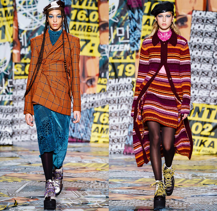 House of Holland 2019-2020 Fall Autumn Winter Womens Runway Catwalk Looks - London Fashion Week Collections UK - Chinese Frog Closure Knots Buttons Mandarin Collar Cheongsam Qípáo Mexican Cambodian Ethnic Stripes Fabrics Kimono Wrap Denim Jeans Onesie Coveralls Jumpsuit Cargo Pockets Apron Beret Tie-Dye Trench Coat Turtleneck Sweater Cardigandress Quilted Vest Plaid Check One Shoulder Dress Stockings Tights Snakeskin Spikes Purse Bag Boots Fanny Pack Bum Bag Pouch