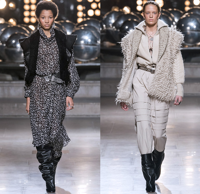 Isabel Marant 2019-2020 Fall Autumn Winter Womens Runway Catwalk Looks - Mode à Paris Fashion Week France - 1980s Eighties Nomad Urban Safari Bohemian Strong High Frankenstein Shoulders Leg O'Mutton Chunky Knit Quilted Geometric Turtleneck Sweaterdress D-Ring Wrap Draped Dress Bedazzled Studs Shearling Vest Aviator Jacket Pellegrina Coat Military Pockets Wide Belt High Waist Tapered Peg Leg Pants Shorts Denim Mom Jeans Handbag Thigh High Boots