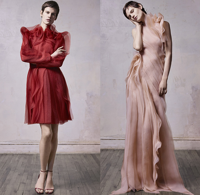 Jason Wu Collection 2019-2020 Fall Autumn Winter Womens Lookbook Presentation - New York Fashion Week NYFW - Sculptural Ogranic Shape Rose Petals Layering Tiered Flowers Floral Ruffles Frills Ruche Sheer Chiffon Tulle Satin Feathers Pleats Cinch Tied Knot Peplum Strapless Dress Ball Gown Eveningwear