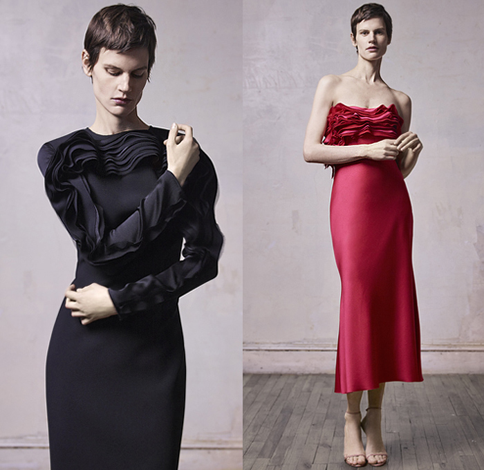 Jason Wu Collection 2019-2020 Fall Autumn Winter Womens Lookbook Presentation - New York Fashion Week NYFW - Sculptural Ogranic Shape Rose Petals Layering Tiered Flowers Floral Ruffles Frills Ruche Sheer Chiffon Tulle Satin Feathers Pleats Cinch Tied Knot Peplum Strapless Dress Ball Gown Eveningwear