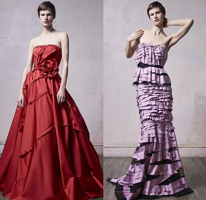 Jason Wu Collection 2019-2020 Fall Autumn Winter Womens Lookbook Presentation - New York Fashion Week NYFW - Sculptural Ogranic Shape Rose Petals Layering Tiered Flowers Floral Ruffles Frills Ruche Sheer Chiffon Tulle Satin Feathers Pleats Cinch Tied Knot Peplum Strapless Dress Ball Gown Eveningwear