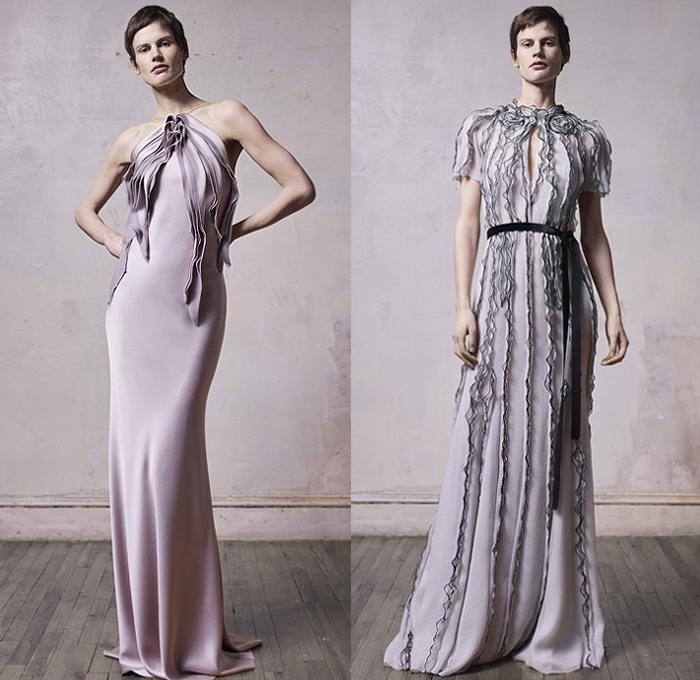 Jason Wu Collection 2019-2020 Fall Autumn Winter Womens Lookbook Presentation - New York Fashion Week NYFW - Sculptural Ogranic Shape Rose Petals Layering Tiered Flowers Floral Ruffles Frills Ruche Sheer Chiffon Tulle Satin Feathers Pleats Cinch Tied Knot Peplum Strapless Dress Ball Gown Eveningwear