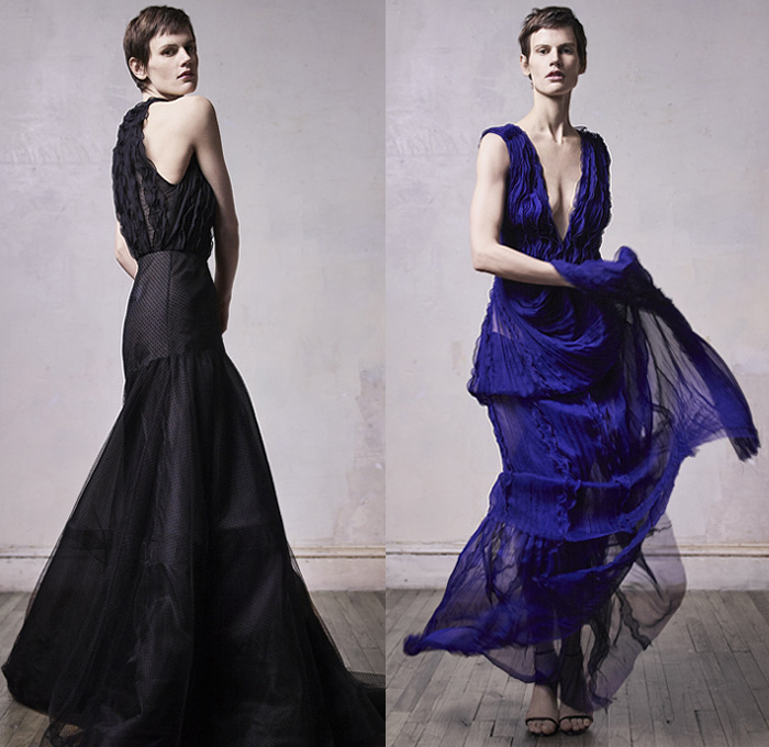 Jason Wu Collection 2019-2020 Fall Autumn Winter Womens Lookbook Presentation - New York Fashion Week NYFW - Sculptural Ogranic Shape Rose Petals Layering Tiered Flowers Floral Ruffles Frills Ruche Sheer Chiffon Tulle Satin Feathers Pleats Cinch Tied Knot Peplum Strapless Dress Ball Gown Eveningwear