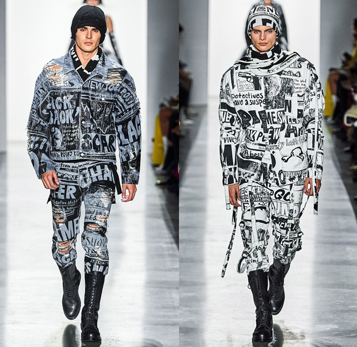 Jeremy Scott 2019-2020 Fall Autumn Winter Mens Runway Catwalk Looks - New York Fashion Week NYFW - Newsprint Tabloid Newspaper Fake News Clickbait Headlines Graphic Streetwear Gothic Punk Destroyed Destructed Denim Jeans Motorcycle Biker Moto Leather Tuxedo Bomber Jacket Knit Cap Scarf Straps Quilted Puffer Trench Coat Parka Bedazzled Adorned Sequins Beret Plastic Rainwear Bowtie Frayed Raw Hem Boots