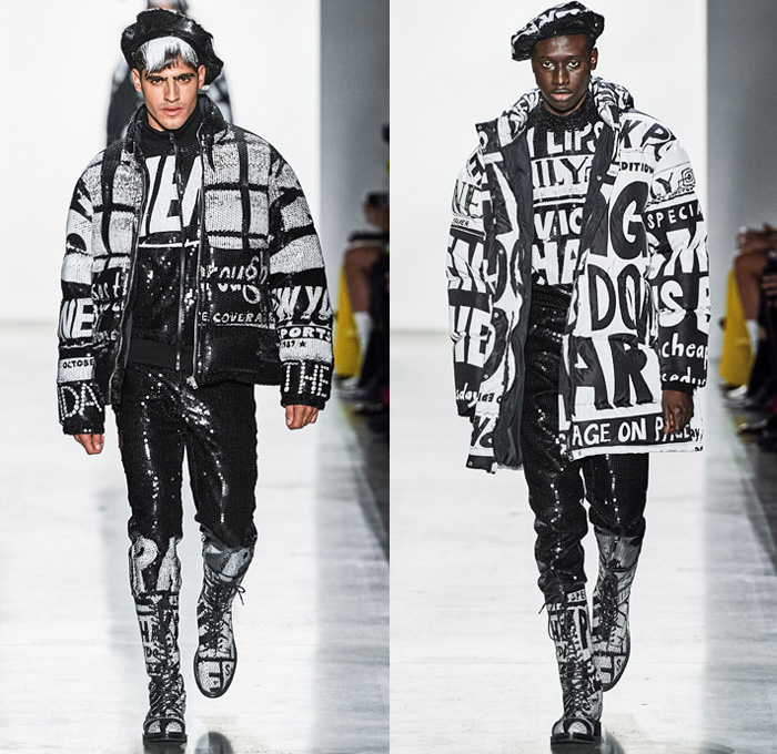 Jeremy Scott 2019-2020 Fall Autumn Winter Mens Runway Catwalk Looks - New York Fashion Week NYFW - Newsprint Tabloid Newspaper Fake News Clickbait Headlines Graphic Streetwear Gothic Punk Destroyed Destructed Denim Jeans Motorcycle Biker Moto Leather Tuxedo Bomber Jacket Knit Cap Scarf Straps Quilted Puffer Trench Coat Parka Bedazzled Adorned Sequins Beret Plastic Rainwear Bowtie Frayed Raw Hem Boots