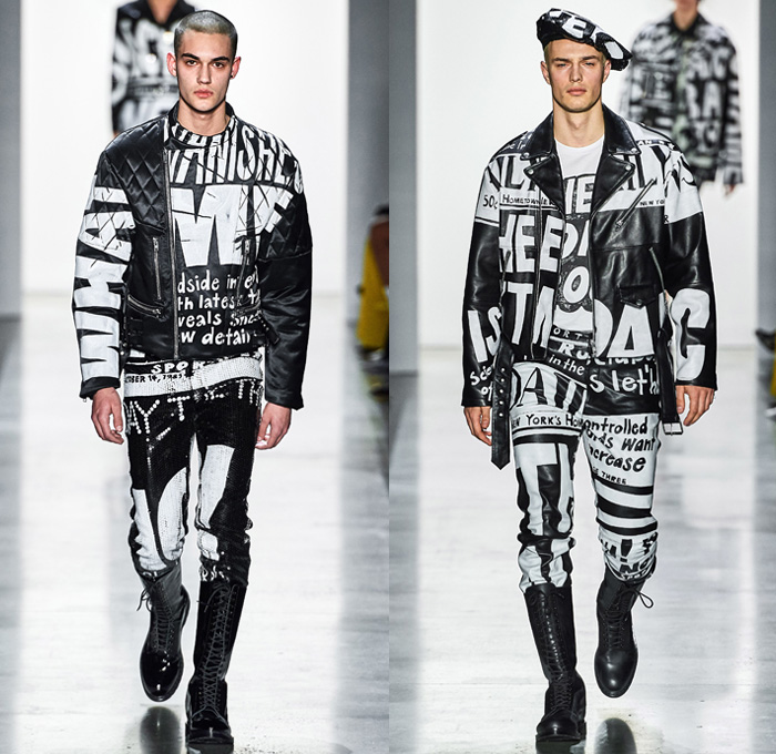 Jeremy Scott 2019-2020 Fall Autumn Winter Mens Runway Catwalk Looks - New York Fashion Week NYFW - Newsprint Tabloid Newspaper Fake News Clickbait Headlines Graphic Streetwear Gothic Punk Destroyed Destructed Denim Jeans Motorcycle Biker Moto Leather Tuxedo Bomber Jacket Knit Cap Scarf Straps Quilted Puffer Trench Coat Parka Bedazzled Adorned Sequins Beret Plastic Rainwear Bowtie Frayed Raw Hem Boots