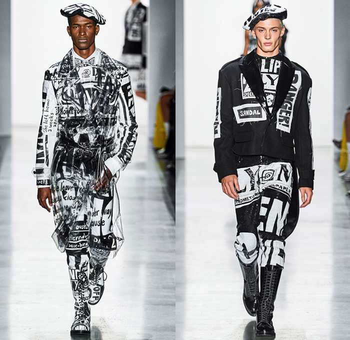 Jeremy Scott 2019-2020 Fall Autumn Winter Mens Runway Catwalk Looks - New York Fashion Week NYFW - Newsprint Tabloid Newspaper Fake News Clickbait Headlines Graphic Streetwear Gothic Punk Destroyed Destructed Denim Jeans Motorcycle Biker Moto Leather Tuxedo Bomber Jacket Knit Cap Scarf Straps Quilted Puffer Trench Coat Parka Bedazzled Adorned Sequins Beret Plastic Rainwear Bowtie Frayed Raw Hem Boots