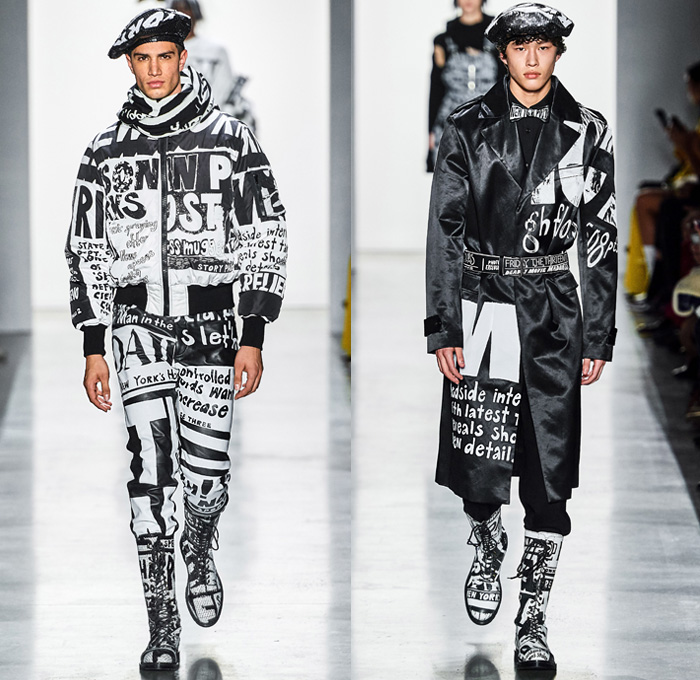 Jeremy Scott 2019-2020 Fall Autumn Winter Mens Runway Catwalk Looks - New York Fashion Week NYFW - Newsprint Tabloid Newspaper Fake News Clickbait Headlines Graphic Streetwear Gothic Punk Destroyed Destructed Denim Jeans Motorcycle Biker Moto Leather Tuxedo Bomber Jacket Knit Cap Scarf Straps Quilted Puffer Trench Coat Parka Bedazzled Adorned Sequins Beret Plastic Rainwear Bowtie Frayed Raw Hem Boots