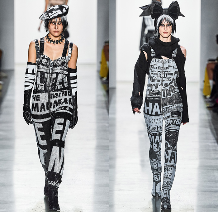 Jeremy Scott 2019-2020 Fall Autumn Winter Womens Runway Catwalk Looks - New York Fashion Week NYFW - Newsprint Tabloid Newspaper Fake News Headlines Graphic Streetwear Gothic Punk Beret Jumpsuit Coveralls Onesie Embroidery Bedazzled Sequins Destroyed Knit Sweater Frosted Hair Straps Motorcycle Biker Jacket Fur Trench Coat Shearling Hoodie Tutu Sheer Tulle Skirt Plastic Rainwear Lace Cutwork Strapless Dress Mullet Dovetail High-Low Hem Ruffles Opera Gloves Boots Giant Head Bow