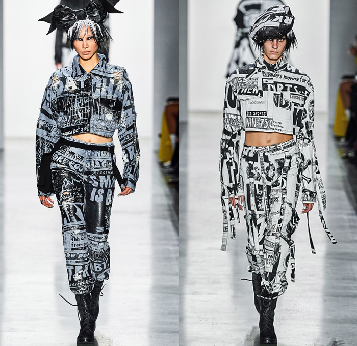 Jeremy Scott 2019-2020 Fall Autumn Winter Womens Runway Catwalk Looks - New York Fashion Week NYFW - Newsprint Tabloid Newspaper Fake News Headlines Graphic Streetwear Gothic Punk Beret Jumpsuit Coveralls Onesie Embroidery Bedazzled Sequins Destroyed Knit Sweater Frosted Hair Straps Motorcycle Biker Jacket Fur Trench Coat Shearling Hoodie Tutu Sheer Tulle Skirt Plastic Rainwear Lace Cutwork Strapless Dress Mullet Dovetail High-Low Hem Ruffles Opera Gloves Boots Giant Head Bow