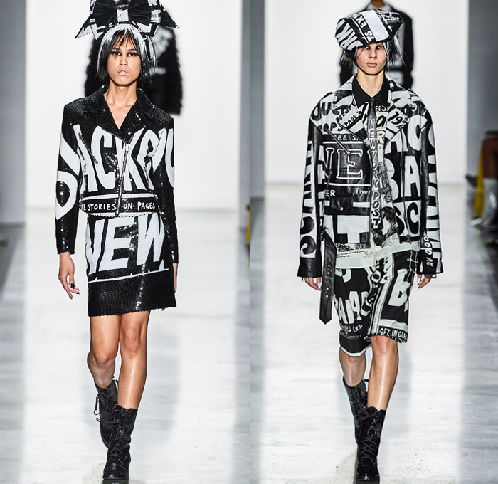 Jeremy Scott 2019-2020 Fall Autumn Winter Womens Runway Catwalk Looks - New York Fashion Week NYFW - Newsprint Tabloid Newspaper Fake News Headlines Graphic Streetwear Gothic Punk Beret Jumpsuit Coveralls Onesie Embroidery Bedazzled Sequins Destroyed Knit Sweater Frosted Hair Straps Motorcycle Biker Jacket Fur Trench Coat Shearling Hoodie Tutu Sheer Tulle Skirt Plastic Rainwear Lace Cutwork Strapless Dress Mullet Dovetail High-Low Hem Ruffles Opera Gloves Boots Giant Head Bow