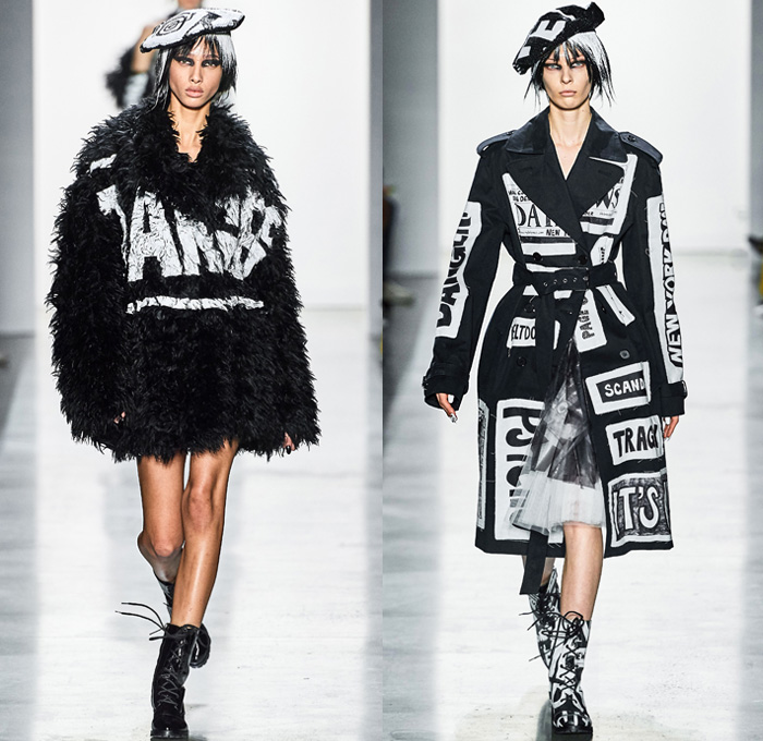 Jeremy Scott 2019-2020 Fall Autumn Winter Womens Runway Catwalk Looks - New York Fashion Week NYFW - Newsprint Tabloid Newspaper Fake News Headlines Graphic Streetwear Gothic Punk Beret Jumpsuit Coveralls Onesie Embroidery Bedazzled Sequins Destroyed Knit Sweater Frosted Hair Straps Motorcycle Biker Jacket Fur Trench Coat Shearling Hoodie Tutu Sheer Tulle Skirt Plastic Rainwear Lace Cutwork Strapless Dress Mullet Dovetail High-Low Hem Ruffles Opera Gloves Boots Giant Head Bow