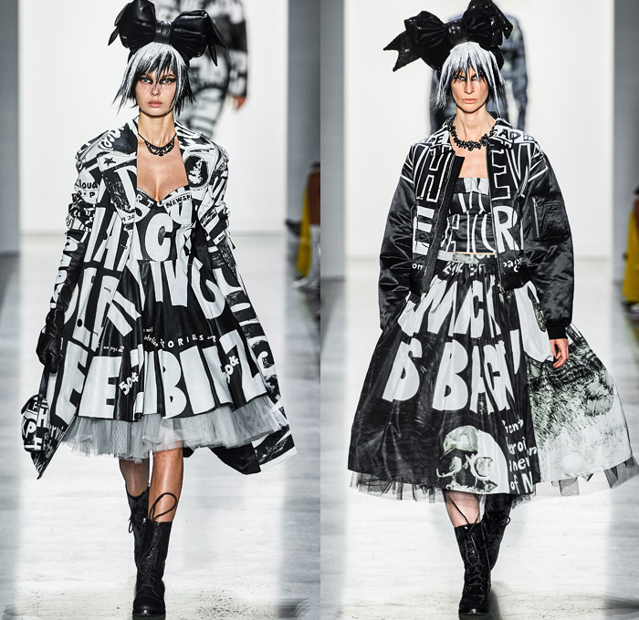 Jeremy Scott 2019-2020 Fall Autumn Winter Womens Runway Catwalk Looks - New York Fashion Week NYFW - Newsprint Tabloid Newspaper Fake News Headlines Graphic Streetwear Gothic Punk Beret Jumpsuit Coveralls Onesie Embroidery Bedazzled Sequins Destroyed Knit Sweater Frosted Hair Straps Motorcycle Biker Jacket Fur Trench Coat Shearling Hoodie Tutu Sheer Tulle Skirt Plastic Rainwear Lace Cutwork Strapless Dress Mullet Dovetail High-Low Hem Ruffles Opera Gloves Boots Giant Head Bow