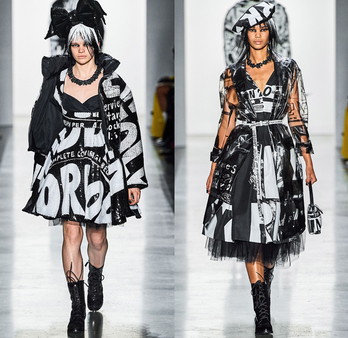 Jeremy Scott 2019-2020 Fall Autumn Winter Womens Runway Catwalk Looks - New York Fashion Week NYFW - Newsprint Tabloid Newspaper Fake News Headlines Graphic Streetwear Gothic Punk Beret Jumpsuit Coveralls Onesie Embroidery Bedazzled Sequins Destroyed Knit Sweater Frosted Hair Straps Motorcycle Biker Jacket Fur Trench Coat Shearling Hoodie Tutu Sheer Tulle Skirt Plastic Rainwear Lace Cutwork Strapless Dress Mullet Dovetail High-Low Hem Ruffles Opera Gloves Boots Giant Head Bow