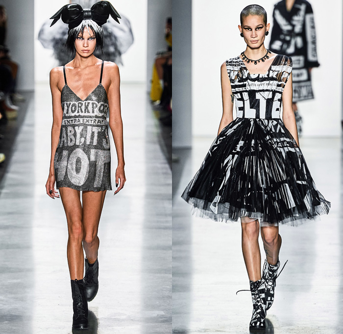 Jeremy Scott 2019-2020 Fall Autumn Winter Womens Runway Catwalk Looks - New York Fashion Week NYFW - Newsprint Tabloid Newspaper Fake News Headlines Graphic Streetwear Gothic Punk Beret Jumpsuit Coveralls Onesie Embroidery Bedazzled Sequins Destroyed Knit Sweater Frosted Hair Straps Motorcycle Biker Jacket Fur Trench Coat Shearling Hoodie Tutu Sheer Tulle Skirt Plastic Rainwear Lace Cutwork Strapless Dress Mullet Dovetail High-Low Hem Ruffles Opera Gloves Boots Giant Head Bow