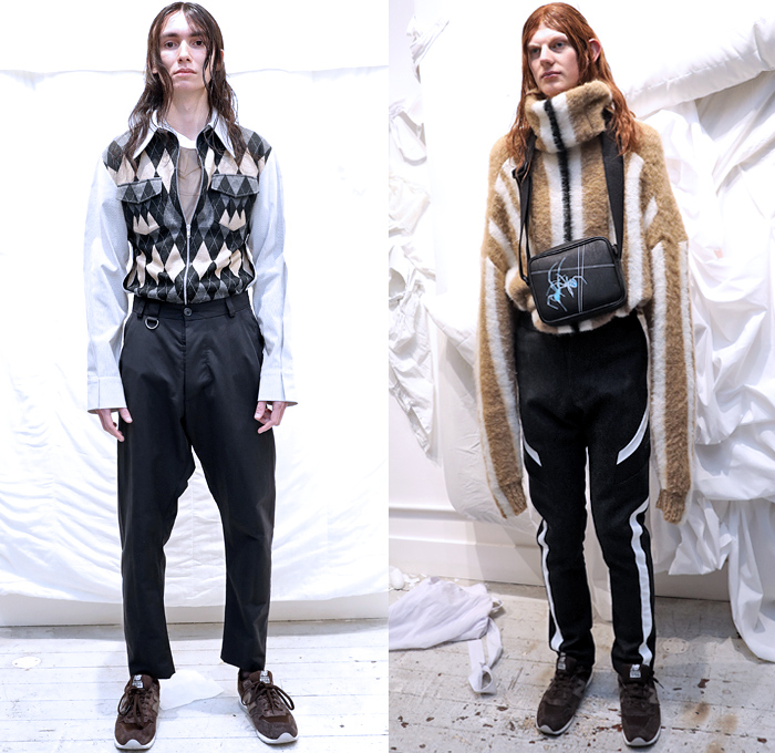 JORDANLUCA 2019-2020 Fall Autumn Winter Mens Lookbook Presentation - Jordan Bowen and Luca Marchetto - London Fashion Week Mens Collections UK - Umpire Vest Pockets Sheer Tulle Corset Hoodie Long Sleeve Argyle Shirt Turtleneck Knit Fur Sweater Suit Blazer Quilted Puffer Parka Leather Overcoat Disney Mickey Mouse Portraits Print Bum Bag Trainers Running Shoes