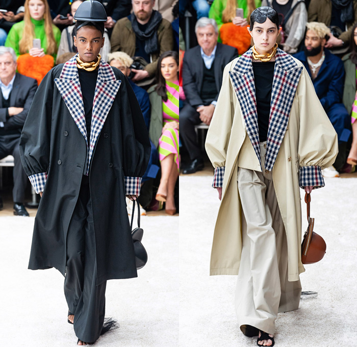 JW Anderson 2019-2020 Fall Autumn Winter Womens Runway Catwalk Looks - London Fashion Week Collections UK - Action Figure Doll Hair Oversized Wide Neckline Slouchy Sleeves Trench Coat Check Plaid Stripes Dots Sheer Tulle Cape Poncho Tie Up Waist Patchwork Blazer Pantsuit Lace Needlework Embroidery Houndstooth Tweed Paisley Knit Turtleneck Sweaterdress Hanging Sleeve Wide Leg Pants Belt Ruffles Bedazzled Silk Satin Dress Draped Fringes Gown Chain Equestrian Hat Bag Boots