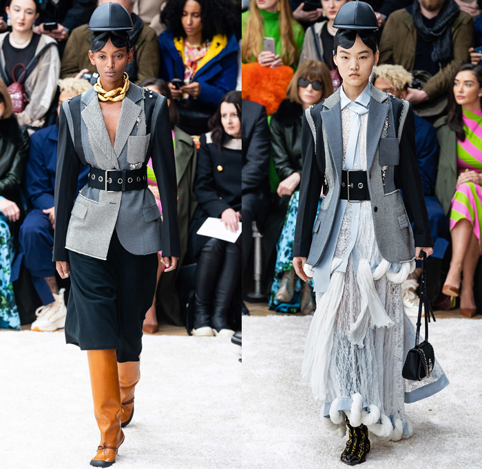 JW Anderson 2019-2020 Fall Autumn Winter Womens Runway Catwalk Looks - London Fashion Week Collections UK - Action Figure Doll Hair Oversized Wide Neckline Slouchy Sleeves Trench Coat Check Plaid Stripes Dots Sheer Tulle Cape Poncho Tie Up Waist Patchwork Blazer Pantsuit Lace Needlework Embroidery Houndstooth Tweed Paisley Knit Turtleneck Sweaterdress Hanging Sleeve Wide Leg Pants Belt Ruffles Bedazzled Silk Satin Dress Draped Fringes Gown Chain Equestrian Hat Bag Boots