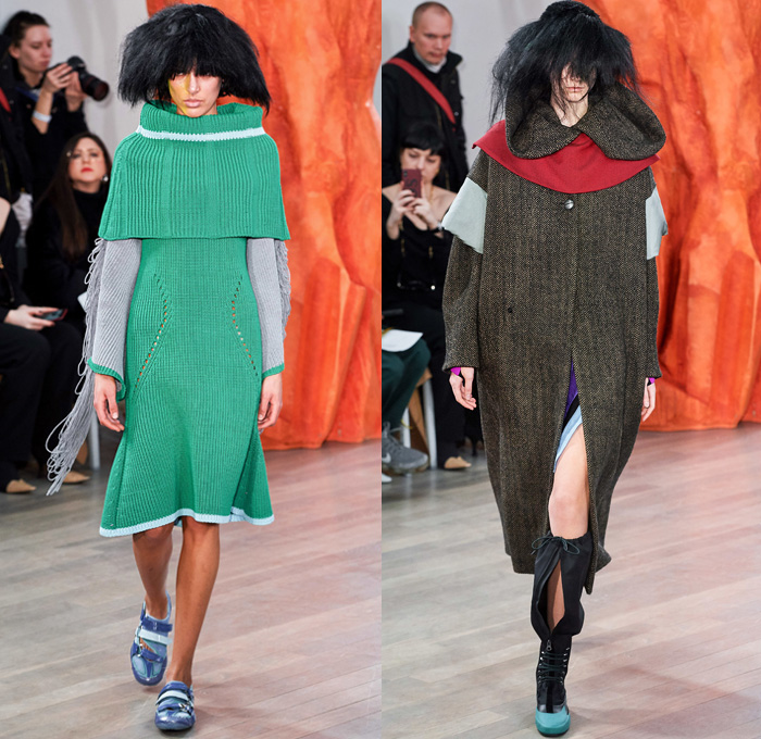 Kiko Kostadinov 2019-2020 Fall Autumn Winter Womens Runway Catwalk Looks - London Fashion Week Collections UK - Troll Doll Hair Knitwear Fringes Bib Turtleneck Gauntlet Arm Sleeve Poufy Shoulders Holes Dress Coat Velvet Knee Panels Stripes Skirt Grapes Scarf Cinch Draped Corduroy Angular Hem Nylon Asics Camper Drawstring Boots