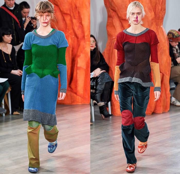 Kiko Kostadinov 2019-2020 Fall Autumn Winter Womens Runway Catwalk Looks - London Fashion Week Collections UK - Troll Doll Hair Knitwear Fringes Bib Turtleneck Gauntlet Arm Sleeve Poufy Shoulders Holes Dress Coat Velvet Knee Panels Stripes Skirt Grapes Scarf Cinch Draped Corduroy Angular Hem Nylon Asics Camper Drawstring Boots