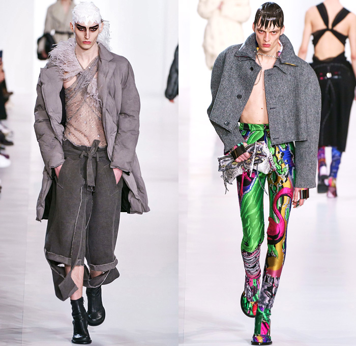 Maison Martin Margiela 2019-2020 Fall Autumn Winter Mens Runway Catwalk Looks John Galliano - Mode à Paris Fashion Week France - Co-Ed Swan Lake Glam Slam Minimalism Flamingo Nylon Sequence Felt Mackintosh Trench Coat Knit Deconstructed Hybrid Inside Out Stitches Puffer Quilted Down Bubble Grey Overdyed Sequins Plume Embroidery Herringbone Leather Couch Sheer Chiffon Twill High Shoulders Suit Trenchskirt Neoprene Skinny Pants Snakeskin Bag Clutch Boots Mary Jane Shoes