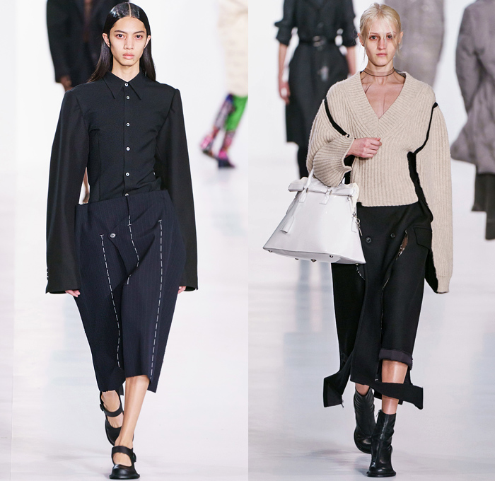 Maison Martin Margiela 2019-2020 Fall Autumn Winter Womens Runway Catwalk Looks John Galliano - Mode à Paris Fashion Week France - Co-Ed Swan Lake Glam Slam Minimalism Flamingo Nylon Sequence Felt Mackintosh Trench Coat Knit Deconstructed Hybrid Inside Out Stitches Wide Neck Wool Puffer Quilted Down Bubble Grey Bedazzled Sequins Plume Embroidery Couch Sheer Chiffon Twill High Shoulders Suit Trenchskirt Wide Leg Pants Zipper Handbag Boots Mary Jane Shoes