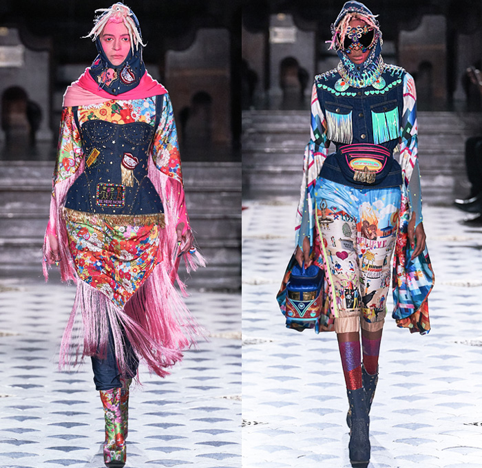 Manish Arora 2019-2020 Fall Autumn Winter Womens Runway Catwalk Looks - Mode à Paris Fashion Week France - Finally Normal People India Tribal Face Painting Peacock Feathers Fur Horns Leopard Denim Jeans Bedazzled Embroidery Sequins Stars Studs Hearts Gems Buttons Patches Flowers Floral Satin Tie-Dye Confetti Fringes Hoodie Dan Schaub Mask Illustration People Ornaments Shawl Fishnet Leggings Glitter Scribbles Robe Parka Shorts Sheer Dress Gown Fanny Pack Bum Bag Bus Handbag Goggles