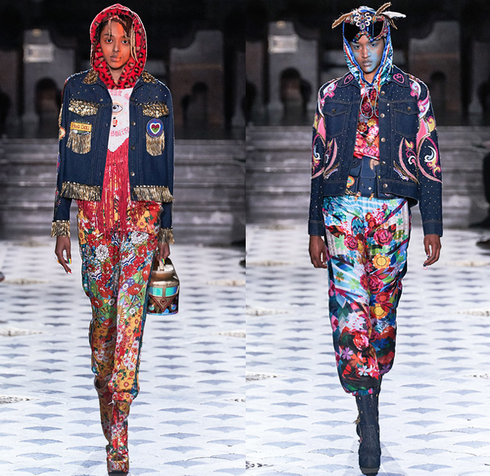 Manish Arora 2019-2020 Fall Autumn Winter Womens Runway Catwalk Looks - Mode à Paris Fashion Week France - Finally Normal People India Tribal Face Painting Peacock Feathers Fur Horns Leopard Denim Jeans Bedazzled Embroidery Sequins Stars Studs Hearts Gems Buttons Patches Flowers Floral Satin Tie-Dye Confetti Fringes Hoodie Dan Schaub Mask Illustration People Ornaments Shawl Fishnet Leggings Glitter Scribbles Robe Parka Shorts Sheer Dress Gown Fanny Pack Bum Bag Bus Handbag Goggles