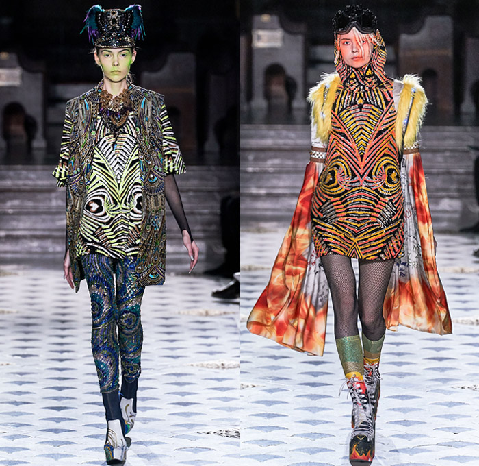 Manish Arora 2019-2020 Fall Autumn Winter Womens Runway Catwalk Looks - Mode à Paris Fashion Week France - Finally Normal People India Tribal Face Painting Peacock Feathers Fur Horns Leopard Denim Jeans Bedazzled Embroidery Sequins Stars Studs Hearts Gems Buttons Patches Flowers Floral Satin Tie-Dye Confetti Fringes Hoodie Dan Schaub Mask Illustration People Ornaments Shawl Fishnet Leggings Glitter Scribbles Robe Parka Shorts Sheer Dress Gown Fanny Pack Bum Bag Bus Handbag Goggles