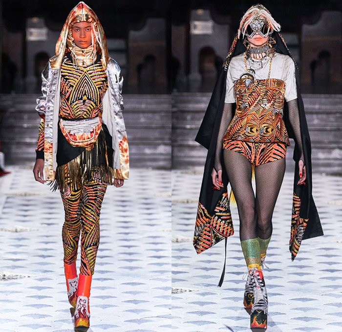 Manish Arora 2019-2020 Fall Autumn Winter Womens Runway Catwalk Looks - Mode à Paris Fashion Week France - Finally Normal People India Tribal Face Painting Peacock Feathers Fur Horns Leopard Denim Jeans Bedazzled Embroidery Sequins Stars Studs Hearts Gems Buttons Patches Flowers Floral Satin Tie-Dye Confetti Fringes Hoodie Dan Schaub Mask Illustration People Ornaments Shawl Fishnet Leggings Glitter Scribbles Robe Parka Shorts Sheer Dress Gown Fanny Pack Bum Bag Bus Handbag Goggles