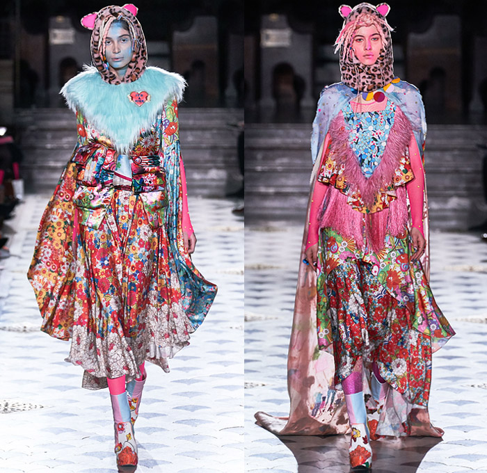 Manish Arora 2019-2020 Fall Autumn Winter Womens Runway Catwalk Looks - Mode à Paris Fashion Week France - Finally Normal People India Tribal Face Painting Peacock Feathers Fur Horns Leopard Denim Jeans Bedazzled Embroidery Sequins Stars Studs Hearts Gems Buttons Patches Flowers Floral Satin Tie-Dye Confetti Fringes Hoodie Dan Schaub Mask Illustration People Ornaments Shawl Fishnet Leggings Glitter Scribbles Robe Parka Shorts Sheer Dress Gown Fanny Pack Bum Bag Bus Handbag Goggles