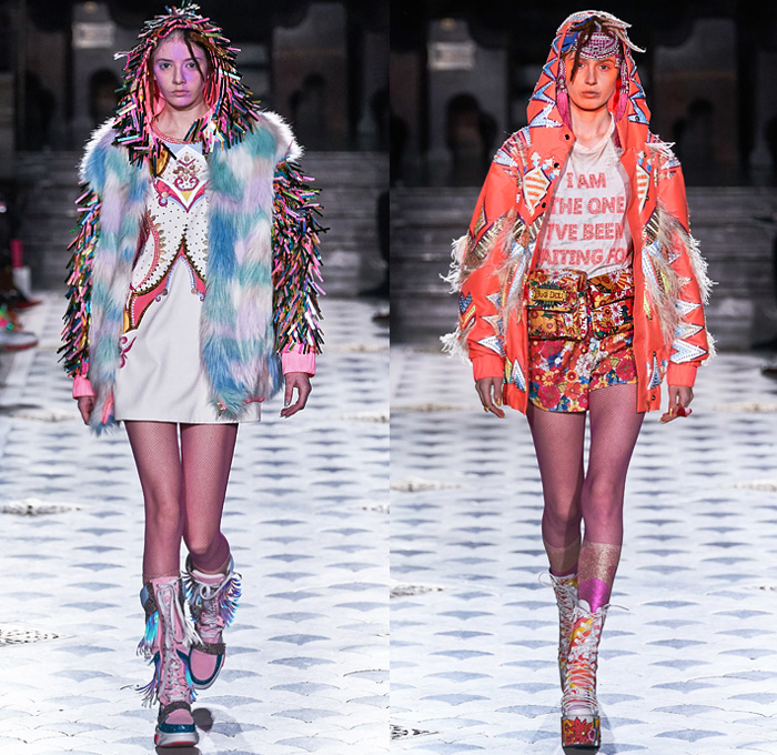 Manish Arora 2019-2020 Fall Autumn Winter Womens Runway Catwalk Looks - Mode à Paris Fashion Week France - Finally Normal People India Tribal Face Painting Peacock Feathers Fur Horns Leopard Denim Jeans Bedazzled Embroidery Sequins Stars Studs Hearts Gems Buttons Patches Flowers Floral Satin Tie-Dye Confetti Fringes Hoodie Dan Schaub Mask Illustration People Ornaments Shawl Fishnet Leggings Glitter Scribbles Robe Parka Shorts Sheer Dress Gown Fanny Pack Bum Bag Bus Handbag Goggles