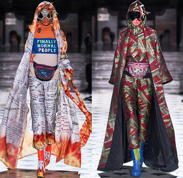 Manish Arora 2019-2020 Fall Autumn Winter Womens Runway Catwalk Looks - Mode à Paris Fashion Week France - Finally Normal People India Tribal Face Painting Peacock Feathers Fur Horns Leopard Denim Jeans Bedazzled Embroidery Sequins Stars Studs Hearts Gems Buttons Patches Flowers Floral Satin Tie-Dye Confetti Fringes Hoodie Dan Schaub Mask Illustration People Ornaments Shawl Fishnet Leggings Glitter Scribbles Robe Parka Shorts Sheer Dress Gown Fanny Pack Bum Bag Bus Handbag Goggles