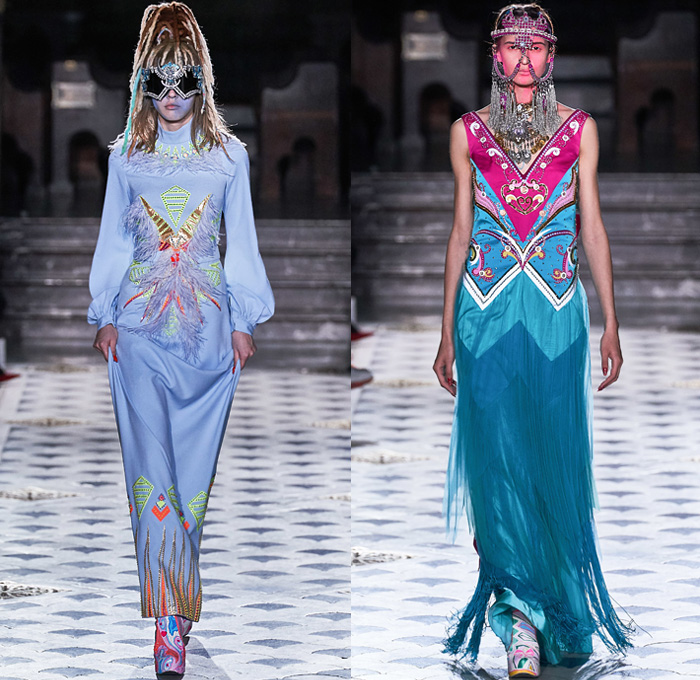 Manish Arora 2019-2020 Fall Autumn Winter Womens Runway Catwalk Looks - Mode à Paris Fashion Week France - Finally Normal People India Tribal Face Painting Peacock Feathers Fur Horns Leopard Denim Jeans Bedazzled Embroidery Sequins Stars Studs Hearts Gems Buttons Patches Flowers Floral Satin Tie-Dye Confetti Fringes Hoodie Dan Schaub Mask Illustration People Ornaments Shawl Fishnet Leggings Glitter Scribbles Robe Parka Shorts Sheer Dress Gown Fanny Pack Bum Bag Bus Handbag Goggles