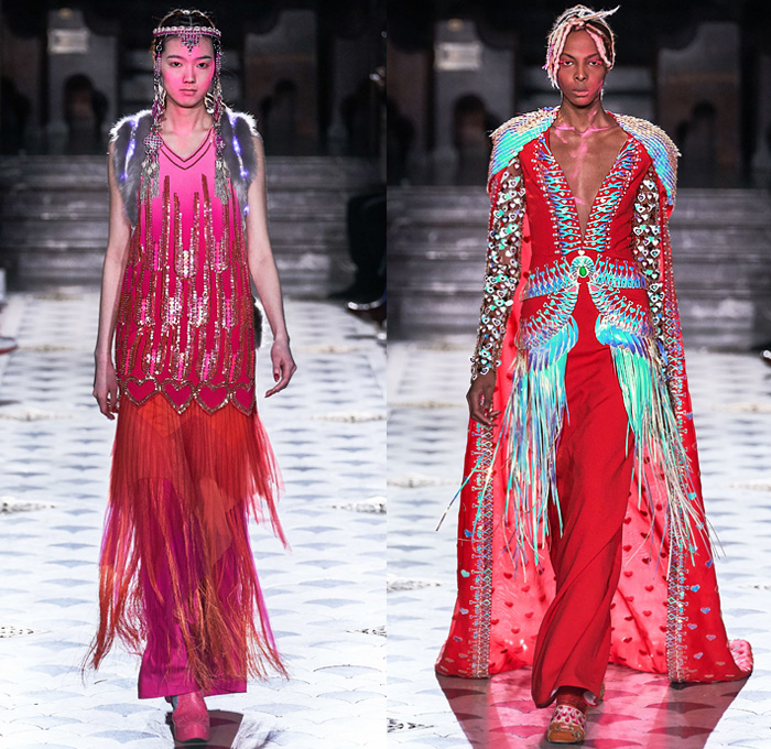 Manish Arora 2019-2020 Fall Autumn Winter Womens Runway Catwalk Looks - Mode à Paris Fashion Week France - Finally Normal People India Tribal Face Painting Peacock Feathers Fur Horns Leopard Denim Jeans Bedazzled Embroidery Sequins Stars Studs Hearts Gems Buttons Patches Flowers Floral Satin Tie-Dye Confetti Fringes Hoodie Dan Schaub Mask Illustration People Ornaments Shawl Fishnet Leggings Glitter Scribbles Robe Parka Shorts Sheer Dress Gown Fanny Pack Bum Bag Bus Handbag Goggles