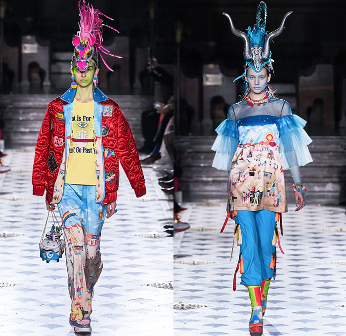 Manish Arora 2019-2020 Fall Autumn Winter Womens Runway Catwalk Looks - Mode à Paris Fashion Week France - Finally Normal People India Tribal Face Painting Peacock Feathers Fur Horns Leopard Denim Jeans Bedazzled Embroidery Sequins Stars Studs Hearts Gems Buttons Patches Flowers Floral Satin Tie-Dye Confetti Fringes Hoodie Dan Schaub Mask Illustration People Ornaments Shawl Fishnet Leggings Glitter Scribbles Robe Parka Shorts Sheer Dress Gown Fanny Pack Bum Bag Bus Handbag Goggles