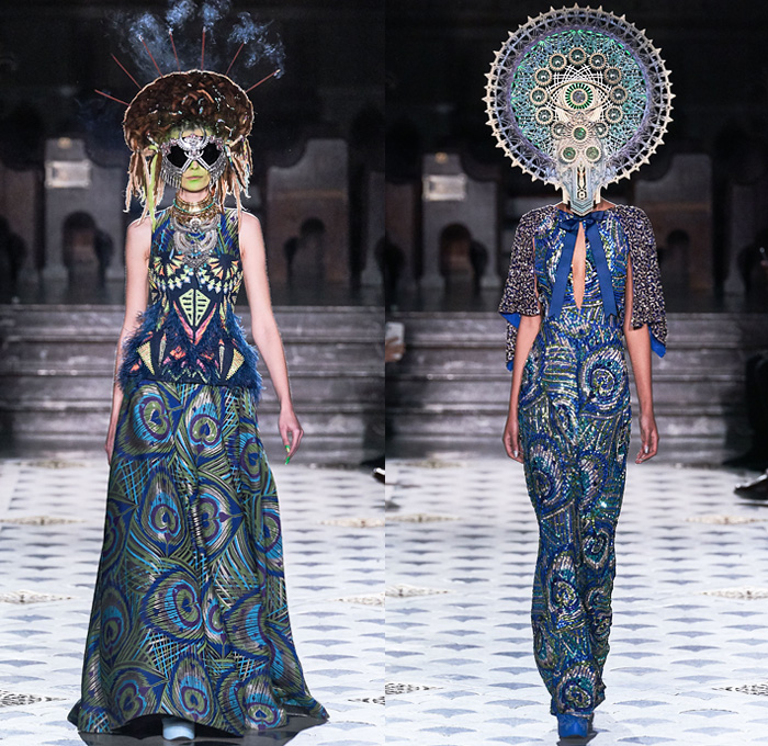 Manish Arora 2019-2020 Fall Autumn Winter Womens Runway Catwalk Looks - Mode à Paris Fashion Week France - Finally Normal People India Tribal Face Painting Peacock Feathers Fur Horns Leopard Denim Jeans Bedazzled Embroidery Sequins Stars Studs Hearts Gems Buttons Patches Flowers Floral Satin Tie-Dye Confetti Fringes Hoodie Dan Schaub Mask Illustration People Ornaments Shawl Fishnet Leggings Glitter Scribbles Robe Parka Shorts Sheer Dress Gown Fanny Pack Bum Bag Bus Handbag Goggles