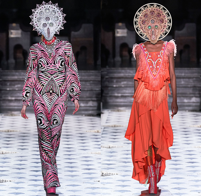 Manish Arora 2019-2020 Fall Autumn Winter Womens Runway Catwalk Looks - Mode à Paris Fashion Week France - Finally Normal People India Tribal Face Painting Peacock Feathers Fur Horns Leopard Denim Jeans Bedazzled Embroidery Sequins Stars Studs Hearts Gems Buttons Patches Flowers Floral Satin Tie-Dye Confetti Fringes Hoodie Dan Schaub Mask Illustration People Ornaments Shawl Fishnet Leggings Glitter Scribbles Robe Parka Shorts Sheer Dress Gown Fanny Pack Bum Bag Bus Handbag Goggles