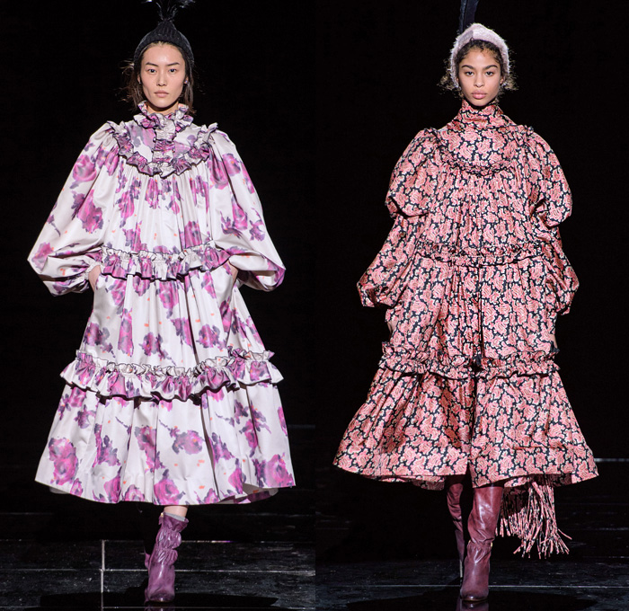 Marc Jacobs 2019-2020 Fall Autumn Winter Womens Runway Catwalk Looks - New York Fashion Week NYFW - Fairy Tale Stephen Jones Millinery Flowers Floral Paisley Ruffles Tiered Petals Strapless Dress Poufy Shoulders Sheer Chiffon Gown Feathers Plumage Pussycat Bow Ribbon Stripes Polka Dots Turtleneck Bedazzled Studs Sculptural Dimensional Lace Cutwork Knit Cap Pantsuit Check Oversized Coat Wool Poncho Cape Wide Elongated Sleeves Check Leopard Spots Stockings Tights Boots