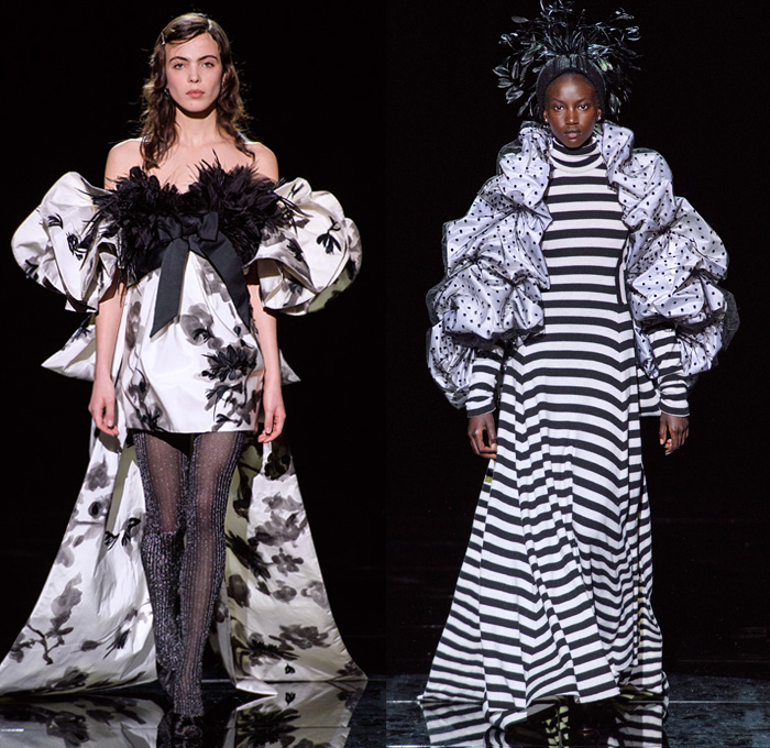 Marc Jacobs 2019-2020 Fall Autumn Winter Womens Runway Catwalk Looks - New York Fashion Week NYFW - Fairy Tale Stephen Jones Millinery Flowers Floral Paisley Ruffles Tiered Petals Strapless Dress Poufy Shoulders Sheer Chiffon Gown Feathers Plumage Pussycat Bow Ribbon Stripes Polka Dots Turtleneck Bedazzled Studs Sculptural Dimensional Lace Cutwork Knit Cap Pantsuit Check Oversized Coat Wool Poncho Cape Wide Elongated Sleeves Check Leopard Spots Stockings Tights Boots