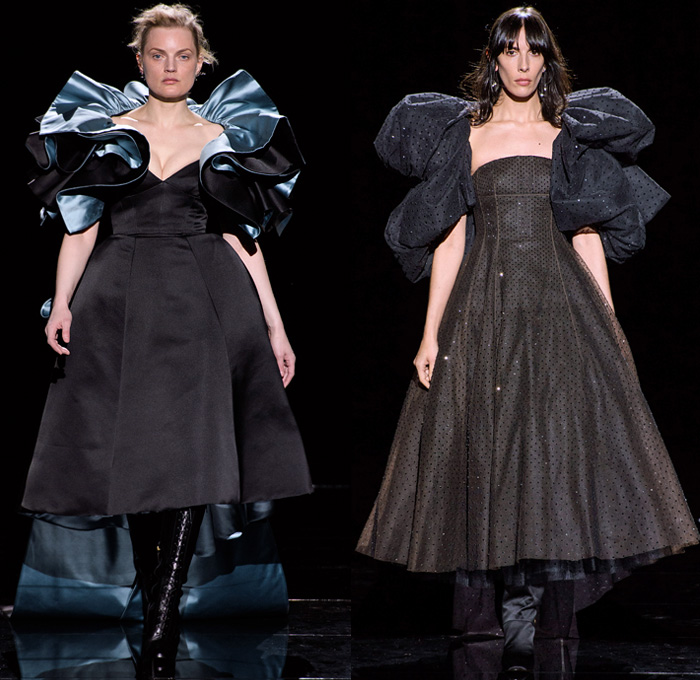 Marc Jacobs 2019-2020 Fall Autumn Winter Womens Runway Catwalk Looks - New York Fashion Week NYFW - Fairy Tale Stephen Jones Millinery Flowers Floral Paisley Ruffles Tiered Petals Strapless Dress Poufy Shoulders Sheer Chiffon Gown Feathers Plumage Pussycat Bow Ribbon Stripes Polka Dots Turtleneck Bedazzled Studs Sculptural Dimensional Lace Cutwork Knit Cap Pantsuit Check Oversized Coat Wool Poncho Cape Wide Elongated Sleeves Check Leopard Spots Stockings Tights Boots