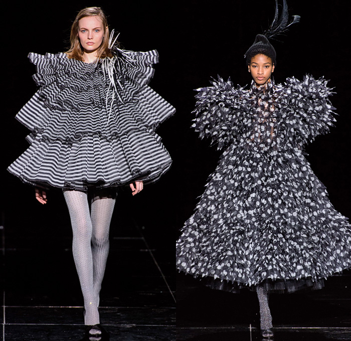 Marc Jacobs 2019-2020 Fall Autumn Winter Womens Runway Catwalk Looks - New York Fashion Week NYFW - Fairy Tale Stephen Jones Millinery Flowers Floral Paisley Ruffles Tiered Petals Strapless Dress Poufy Shoulders Sheer Chiffon Gown Feathers Plumage Pussycat Bow Ribbon Stripes Polka Dots Turtleneck Bedazzled Studs Sculptural Dimensional Lace Cutwork Knit Cap Pantsuit Check Oversized Coat Wool Poncho Cape Wide Elongated Sleeves Check Leopard Spots Stockings Tights Boots