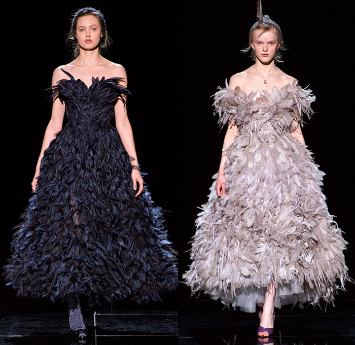 Marc Jacobs 2019-2020 Fall Autumn Winter Womens Runway Catwalk Looks - New York Fashion Week NYFW - Fairy Tale Stephen Jones Millinery Flowers Floral Paisley Ruffles Tiered Petals Strapless Dress Poufy Shoulders Sheer Chiffon Gown Feathers Plumage Pussycat Bow Ribbon Stripes Polka Dots Turtleneck Bedazzled Studs Sculptural Dimensional Lace Cutwork Knit Cap Pantsuit Check Oversized Coat Wool Poncho Cape Wide Elongated Sleeves Check Leopard Spots Stockings Tights Boots